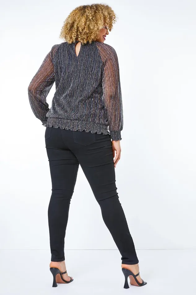 Women Black Curve Foil Shimmer Plisse Top Roman Tops