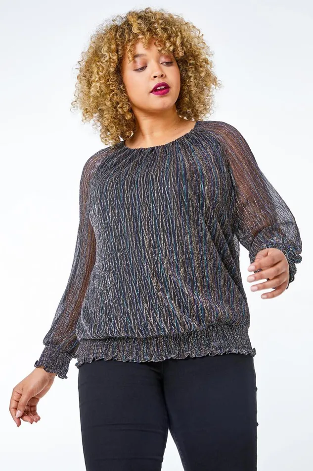 Women Black Curve Foil Shimmer Plisse Top Roman Tops