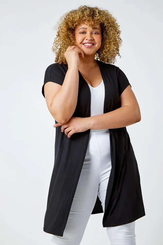Women Black Curve Longline Stretch Cardigan Roman Tops