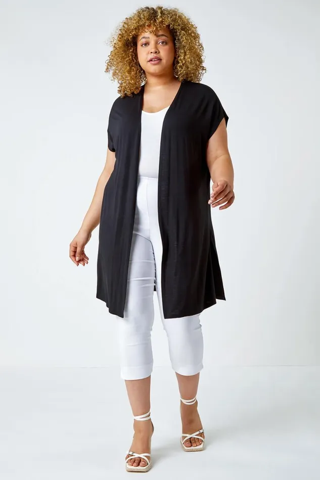 Women Black Curve Longline Stretch Cardigan Roman Tops
