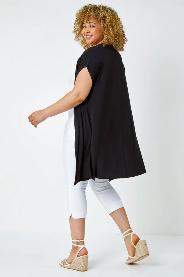 Women Black Curve Longline Stretch Cardigan Roman Tops