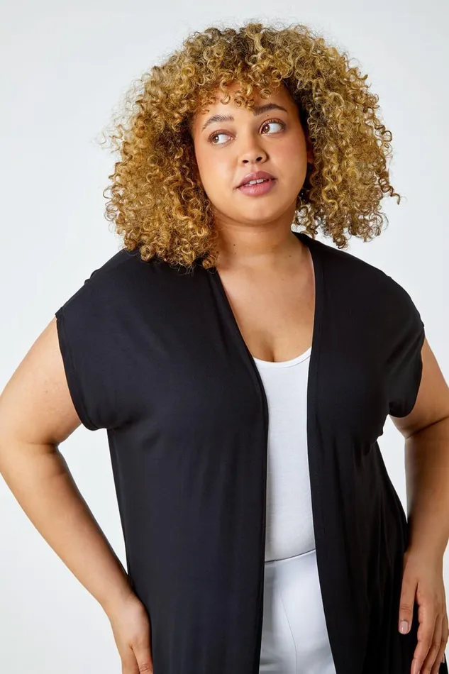Women Black Curve Longline Stretch Cardigan Roman Tops