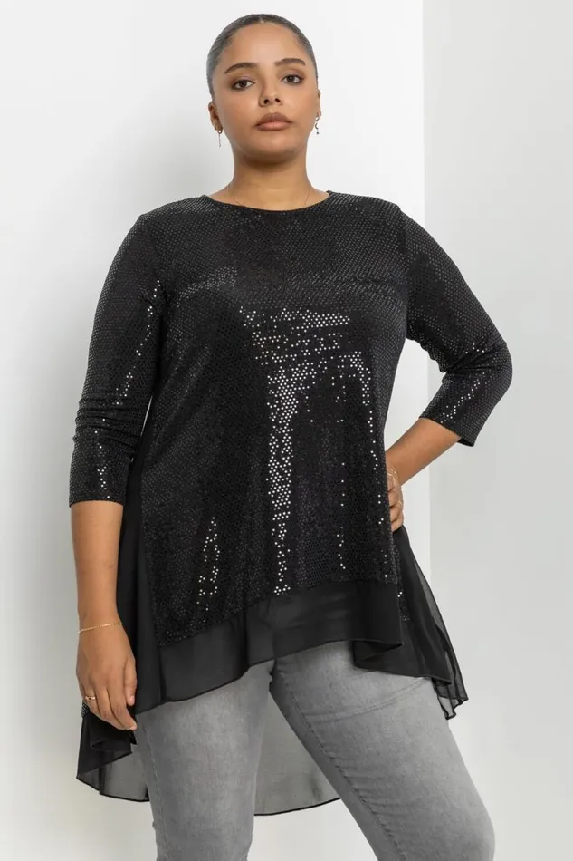 Women Black Curve Shimmer Chiffon Hem High Low Top Roman Tops