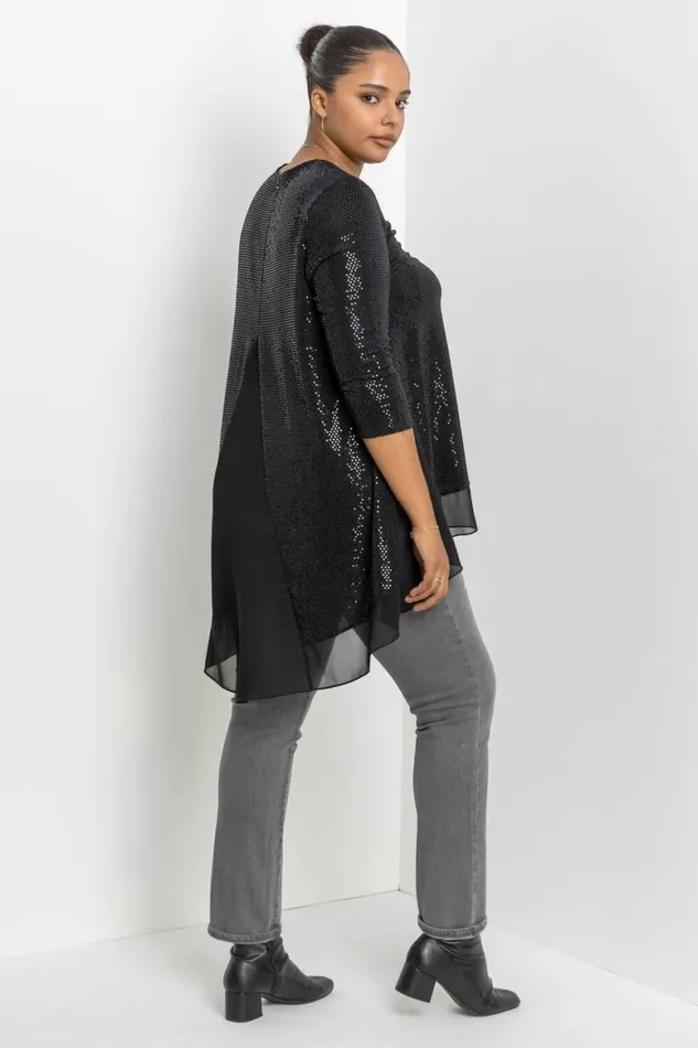 Women Black Curve Shimmer Chiffon Hem High Low Top Roman Tops