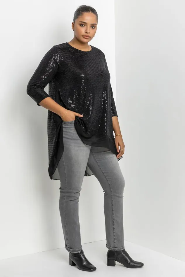 Women Black Curve Shimmer Chiffon Hem High Low Top Roman Tops