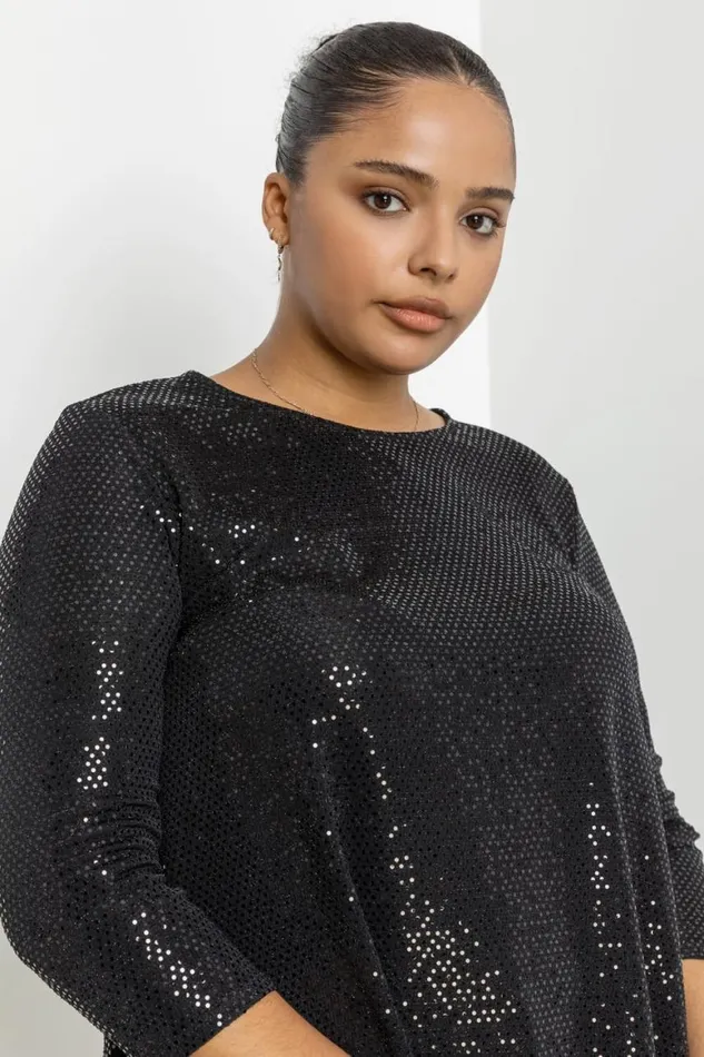 Women Black Curve Shimmer Chiffon Hem High Low Top Roman Tops