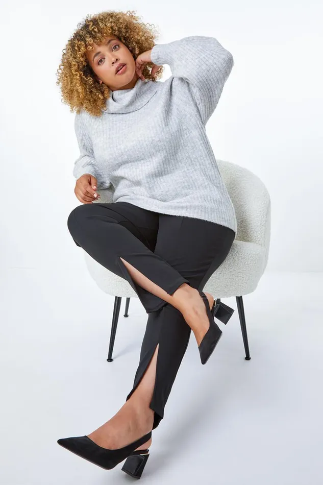 Women Black Curve Split Hem Stretch Trouser Roman Trousers