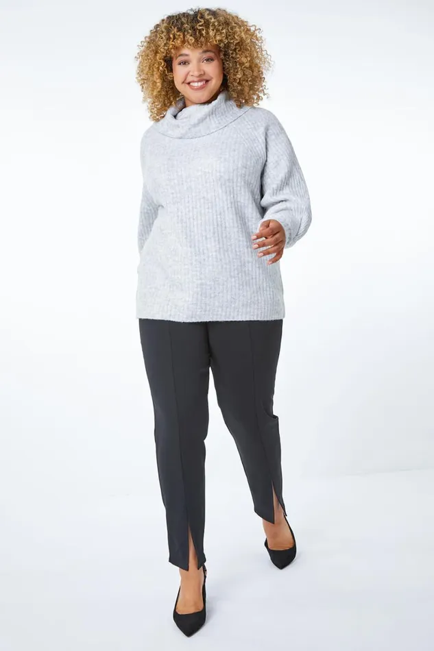 Women Black Curve Split Hem Stretch Trouser Roman Trousers