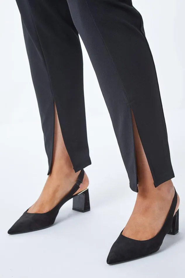 Women Black Curve Split Hem Stretch Trouser Roman Trousers