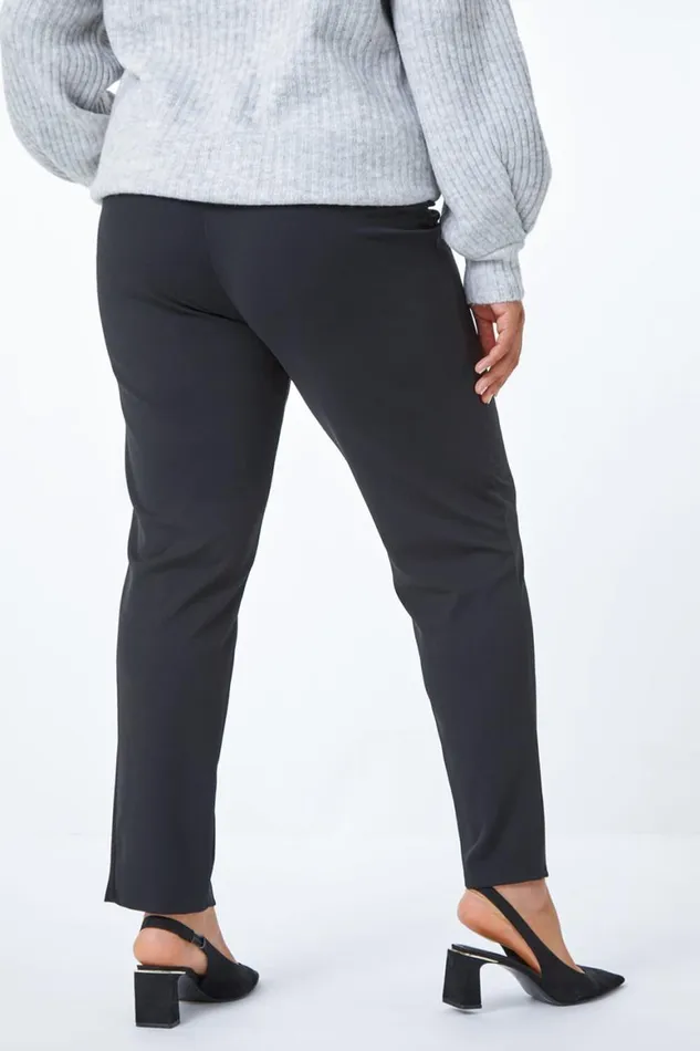Women Black Curve Split Hem Stretch Trouser Roman Trousers