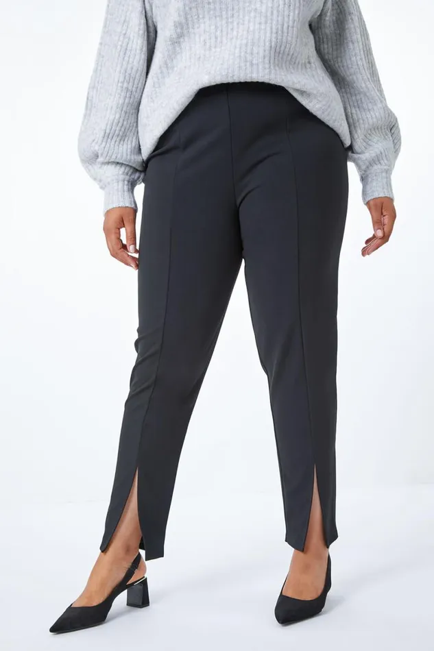 Women Black Curve Split Hem Stretch Trouser Roman Trousers