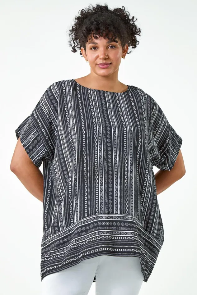 Women Black Curve Stripe Print Border Hem Top Roman Tops