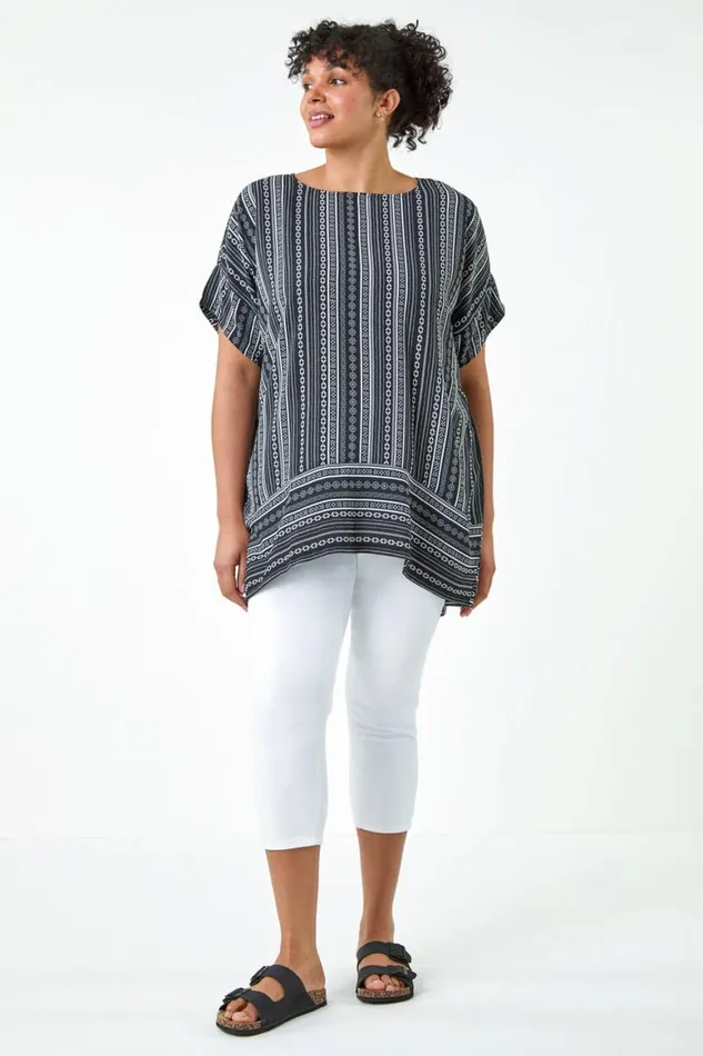 Women Black Curve Stripe Print Border Hem Top Roman Tops
