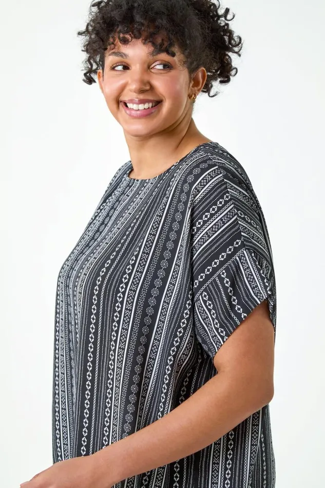 Women Black Curve Stripe Print Border Hem Top Roman Tops