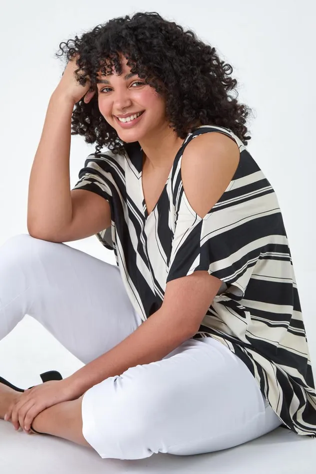Women Black Curve Stripe Print VNeck Cold Shoulder Top Roman Tops