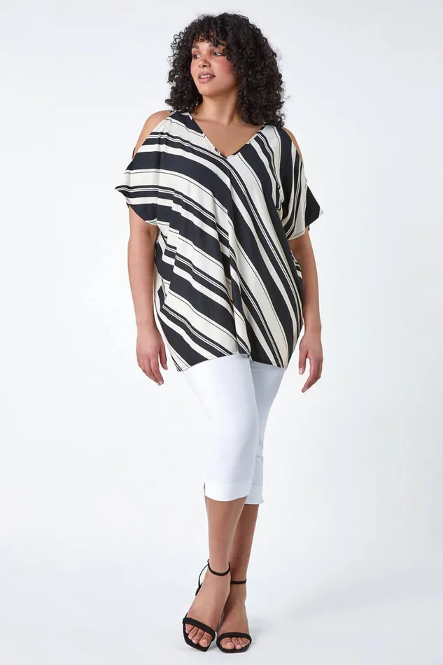 Women Black Curve Stripe Print VNeck Cold Shoulder Top Roman Tops