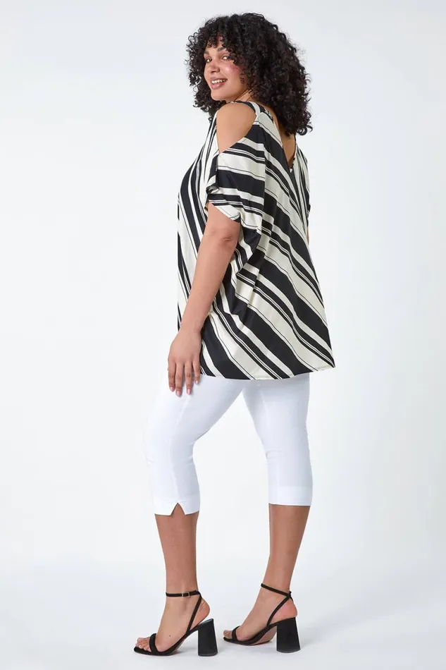 Women Black Curve Stripe Print VNeck Cold Shoulder Top Roman Tops