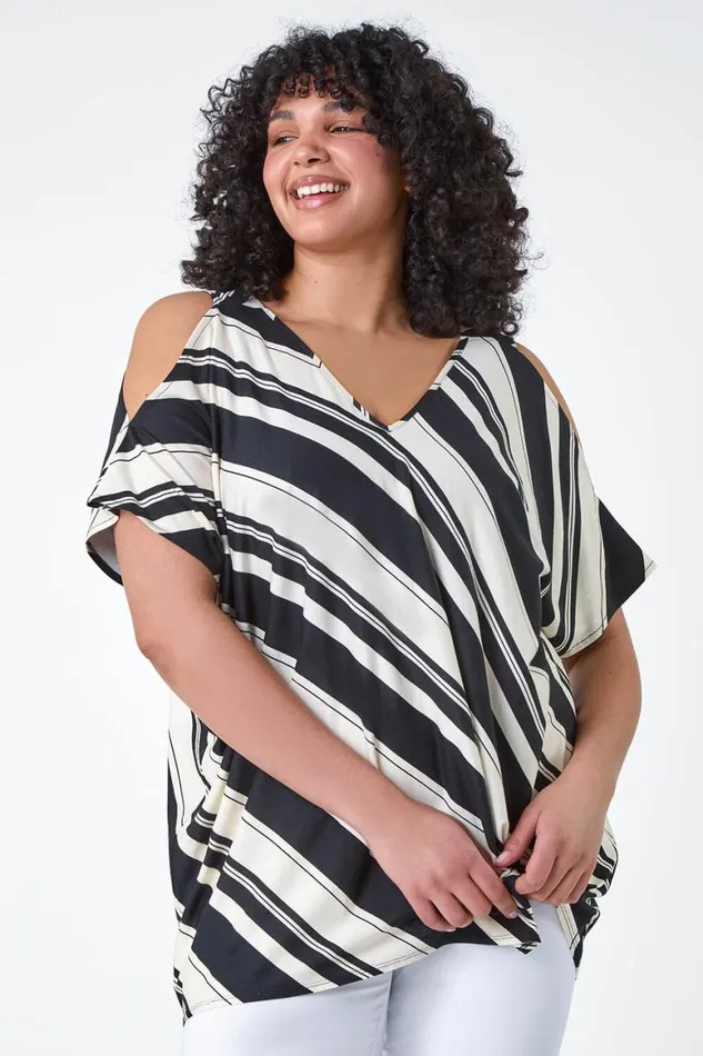 Women Black Curve Stripe Print VNeck Cold Shoulder Top Roman Tops