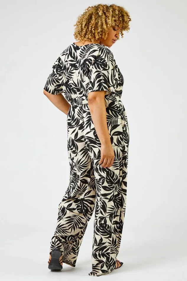 Women Black Curve Tropical Print Jumpsuit Roman Dresses