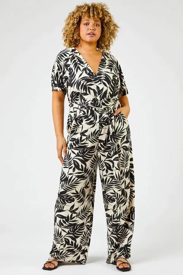 Women Black Curve Tropical Print Jumpsuit Roman Dresses
