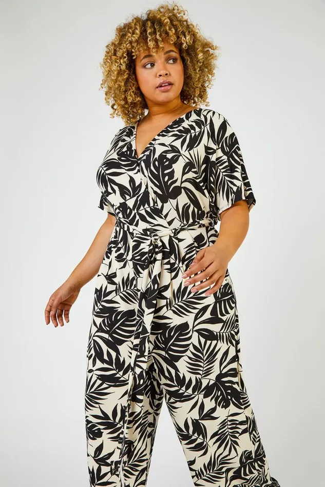 Women Black Curve Tropical Print Jumpsuit Roman Dresses