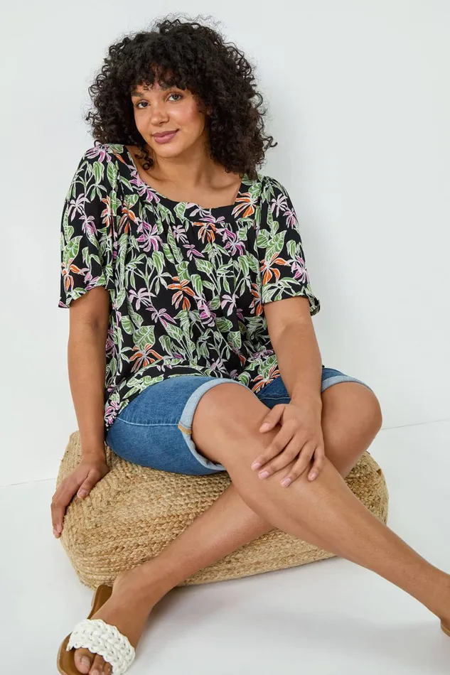 Women Black Curve Tropical Print Square Neck Top Roman Tops