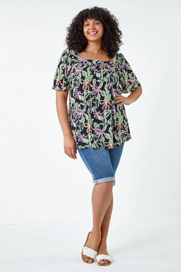 Women Black Curve Tropical Print Square Neck Top Roman Tops