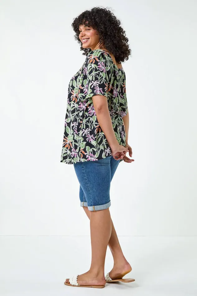 Women Black Curve Tropical Print Square Neck Top Roman Tops