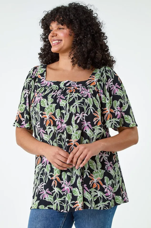 Women Black Curve Tropical Print Square Neck Top Roman Tops