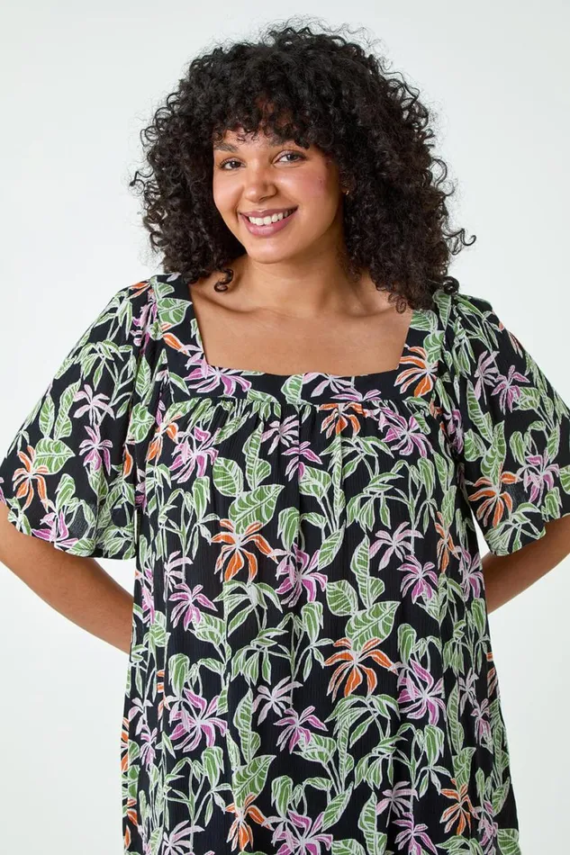 Women Black Curve Tropical Print Square Neck Top Roman Tops