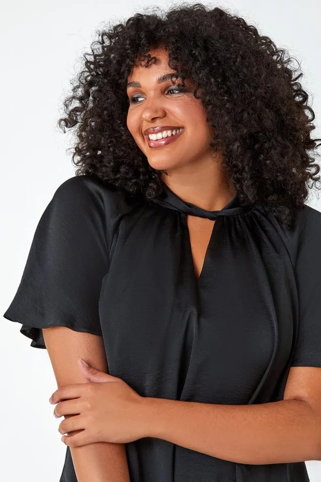 Women Black Curve Twist Neck Satin Top Roman Tops
