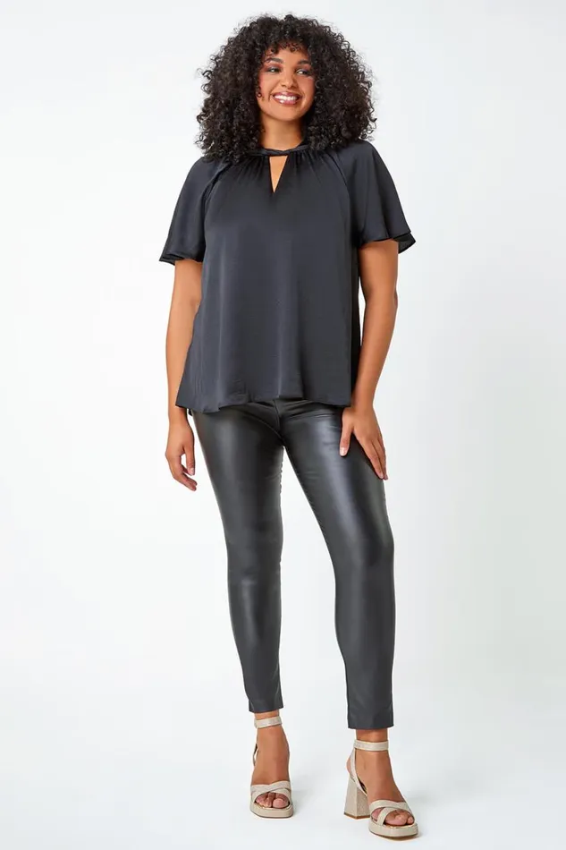 Women Black Curve Twist Neck Satin Top Roman Tops