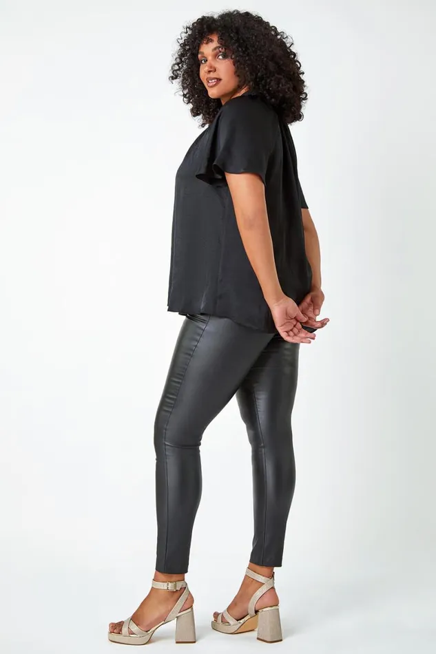 Women Black Curve Twist Neck Satin Top Roman Tops
