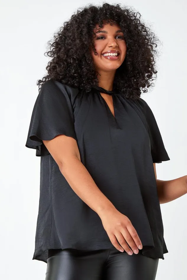 Women Black Curve Twist Neck Satin Top Roman Tops