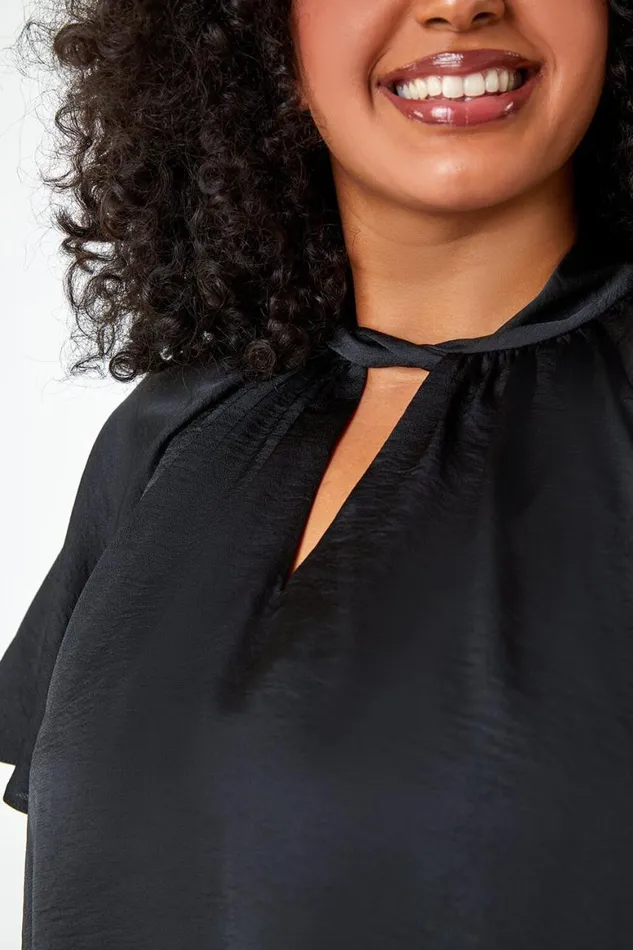 Women Black Curve Twist Neck Satin Top Roman Tops