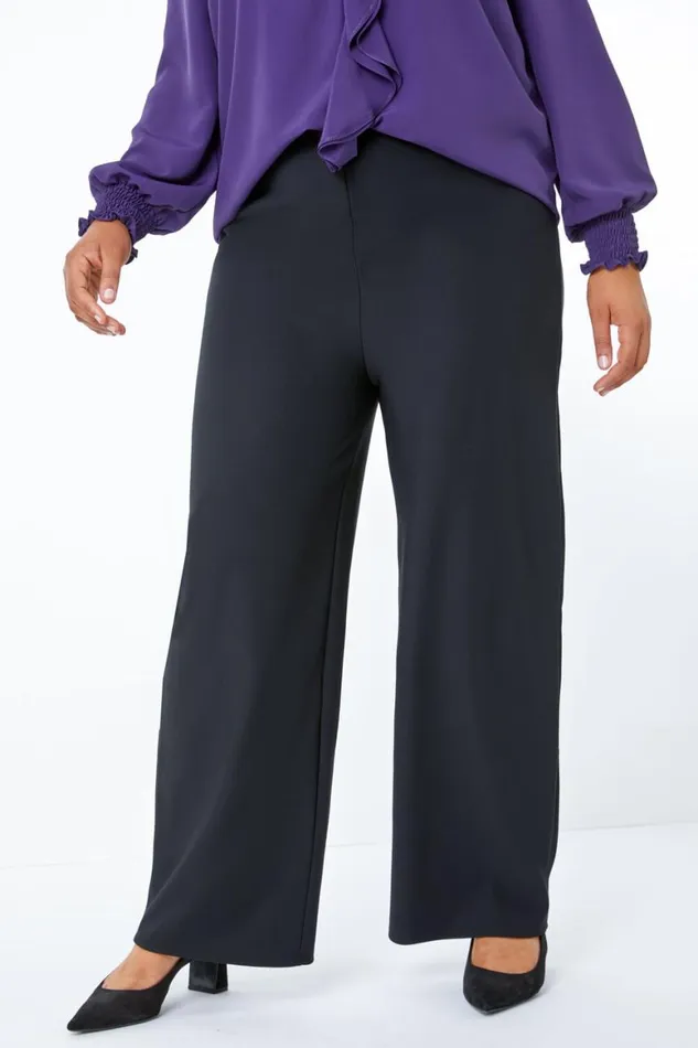 Women Black Curve Wide Leg Stretch Trouser Roman Trousers