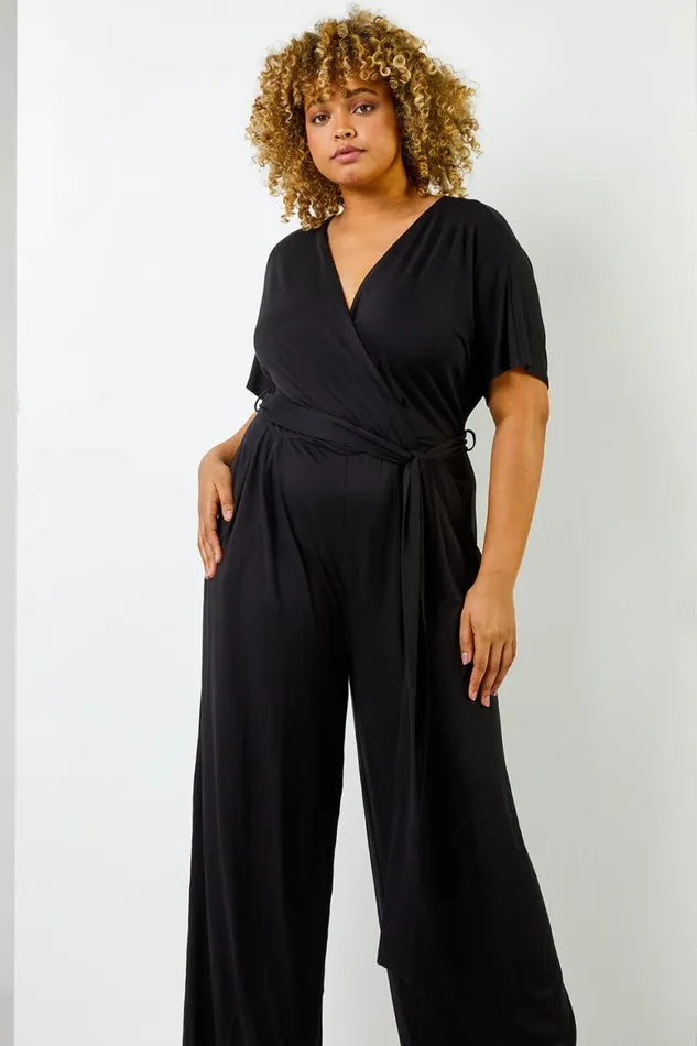 Women Black Curve Wrap Detail Jumpsuit Roman Dresses