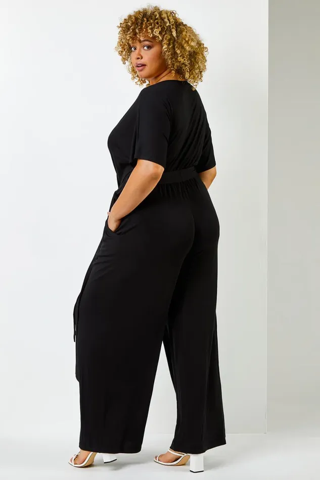 Women Black Curve Wrap Detail Jumpsuit Roman Dresses