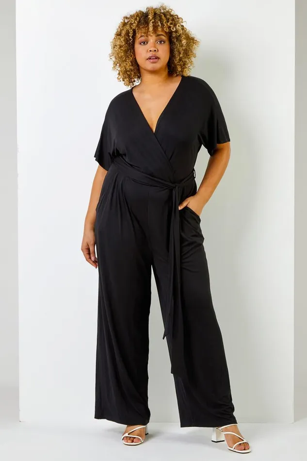 Women Black Curve Wrap Detail Jumpsuit Roman Dresses
