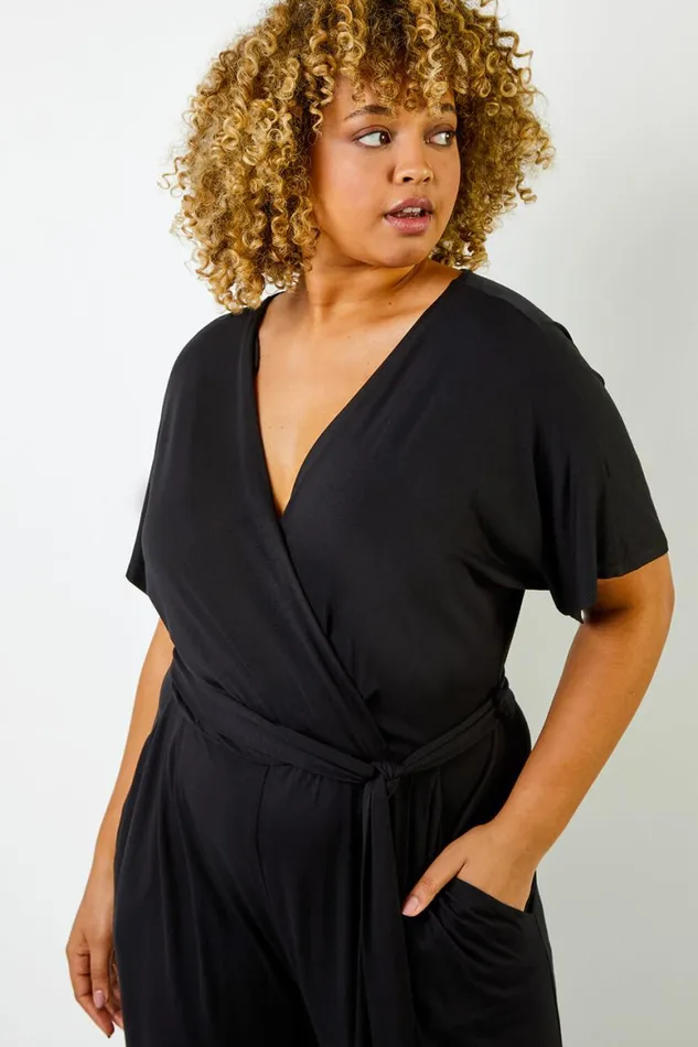 Women Black Curve Wrap Detail Jumpsuit Roman Dresses