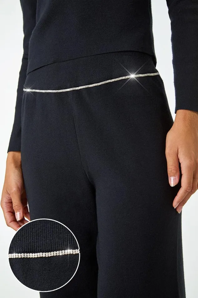 Women Black Diamante Waist Trim Knitted Trouser Roman Trousers