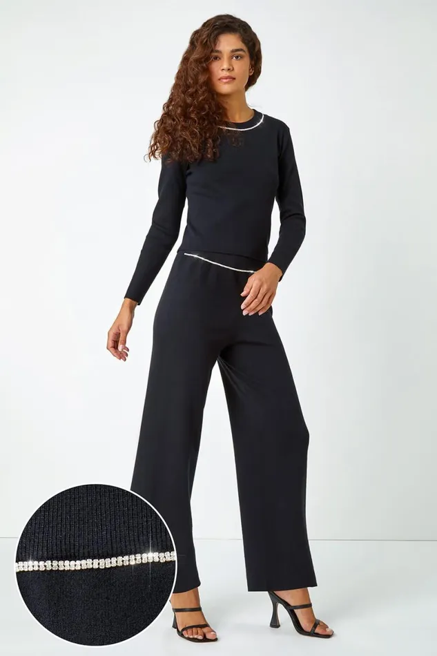 Women Black Diamante Waist Trim Knitted Trouser Roman Trousers