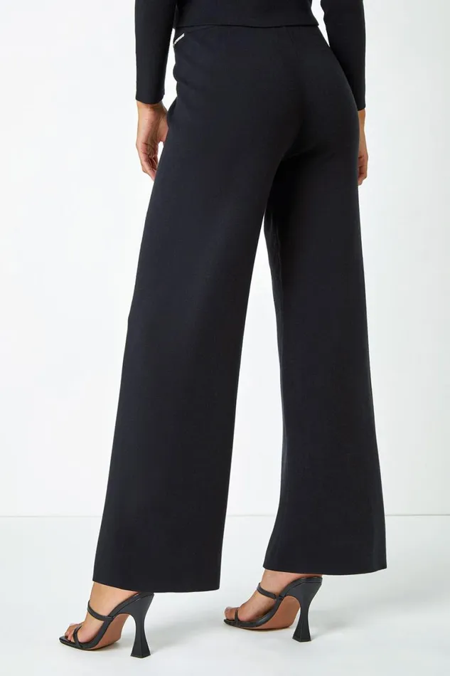 Women Black Diamante Waist Trim Knitted Trouser Roman Trousers