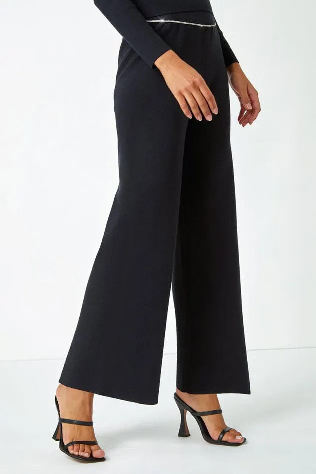 Women Black Diamante Waist Trim Knitted Trouser Roman Trousers