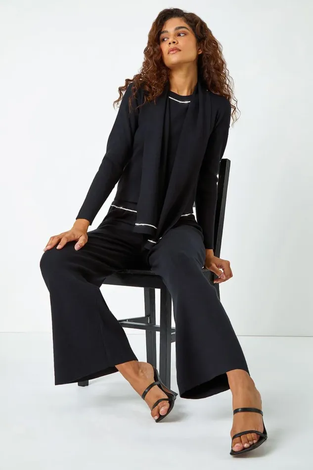 Women Black Diamante Waist Trim Knitted Trouser Roman Trousers