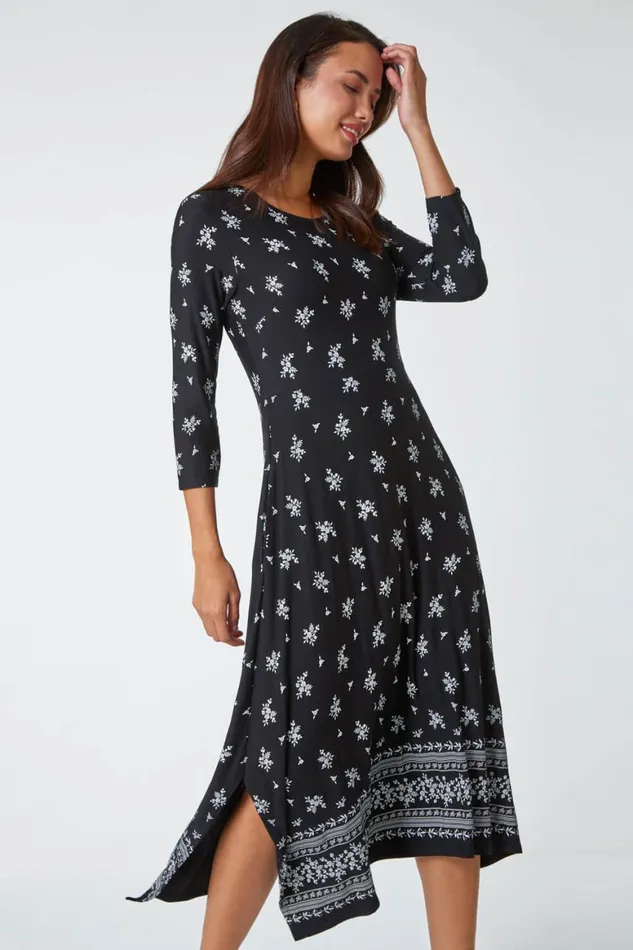 Women Black Ditsy Border Print Midi Stretch Dress Roman Dresses