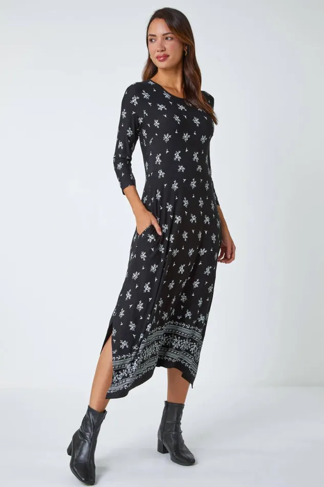 Women Black Ditsy Border Print Midi Stretch Dress Roman Dresses