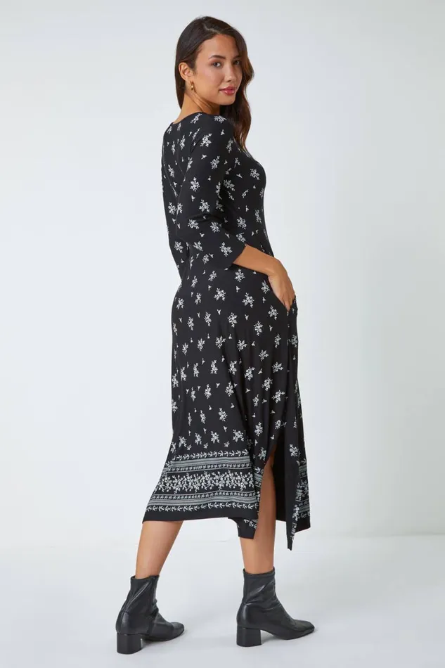Women Black Ditsy Border Print Midi Stretch Dress Roman Dresses
