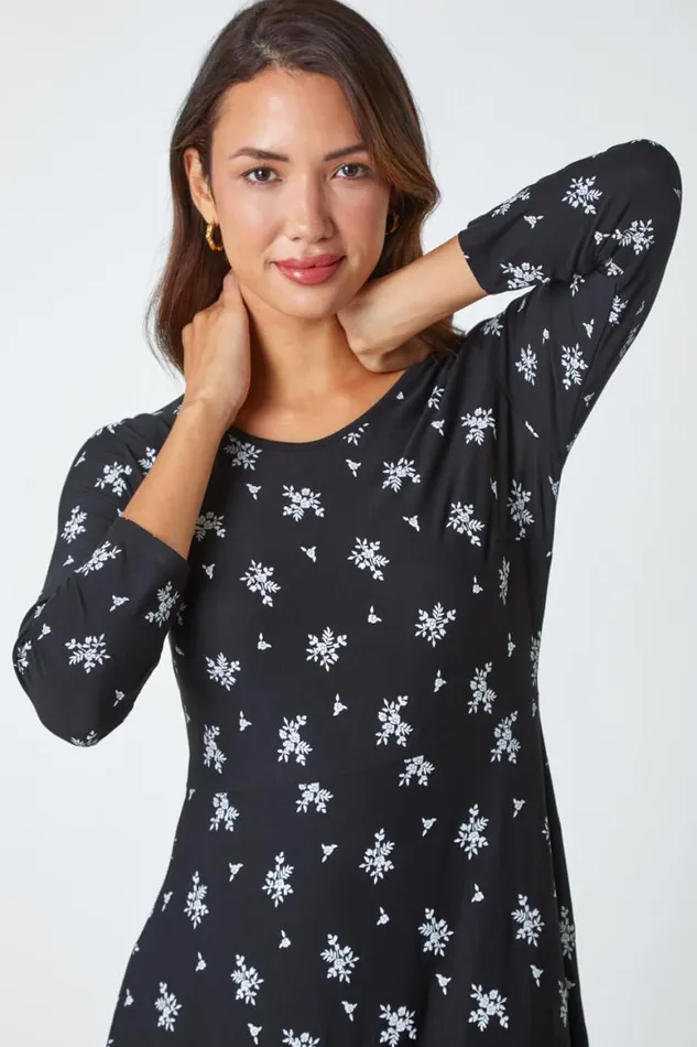 Women Black Ditsy Border Print Midi Stretch Dress Roman Dresses