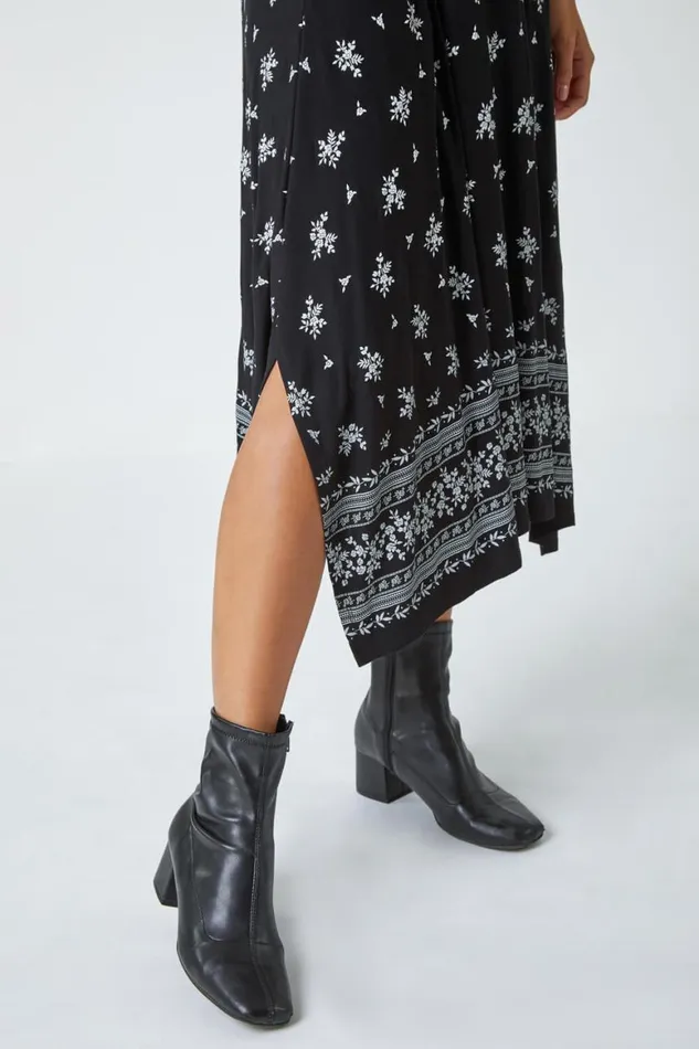 Women Black Ditsy Border Print Midi Stretch Dress Roman Dresses